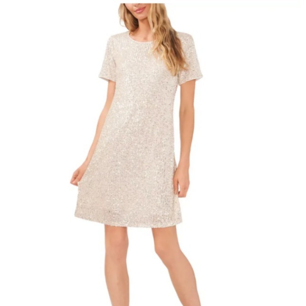 CeCe Sequin Shift Dress Womens XL Silver Short Sleeve Party‎ Cocktail Sparkle